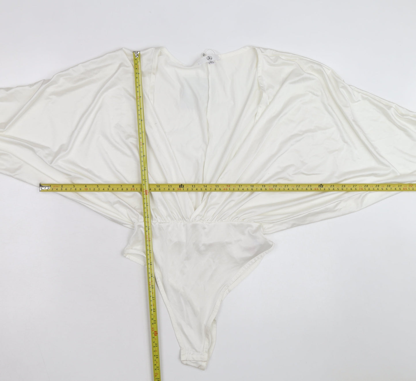 Missguided Women Ivory Satin Bodysuit UK 8 Long Sleeve Deep V Wrap Style