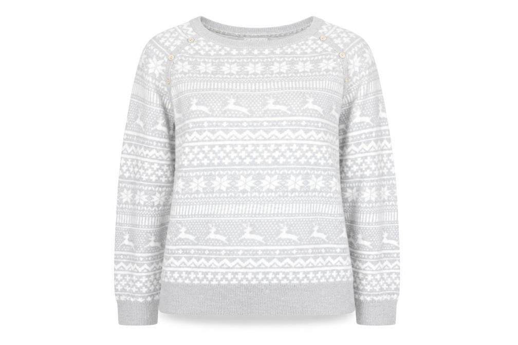 Front view of Mantaray Women's Grey Fair Isle Button Crew Neck Jumper, size 14