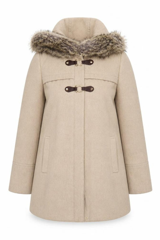 Debenhams Women’s Beige Faux Fur Hooded Duffle Coat Size 14