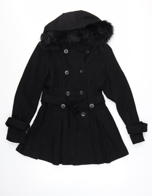 Warehouse Women's Black Wool Blend Belted Pea Coat UK 12