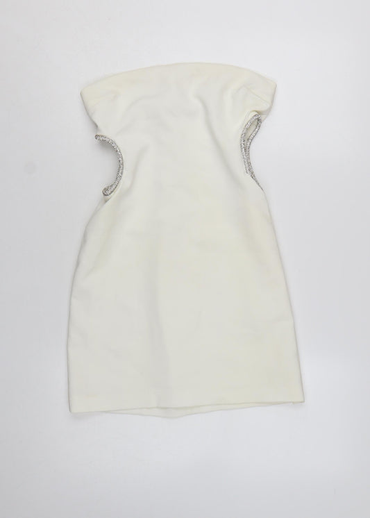 Zara Women Ivory Strapless Rhinestone Bodycon Short Dress Size 12