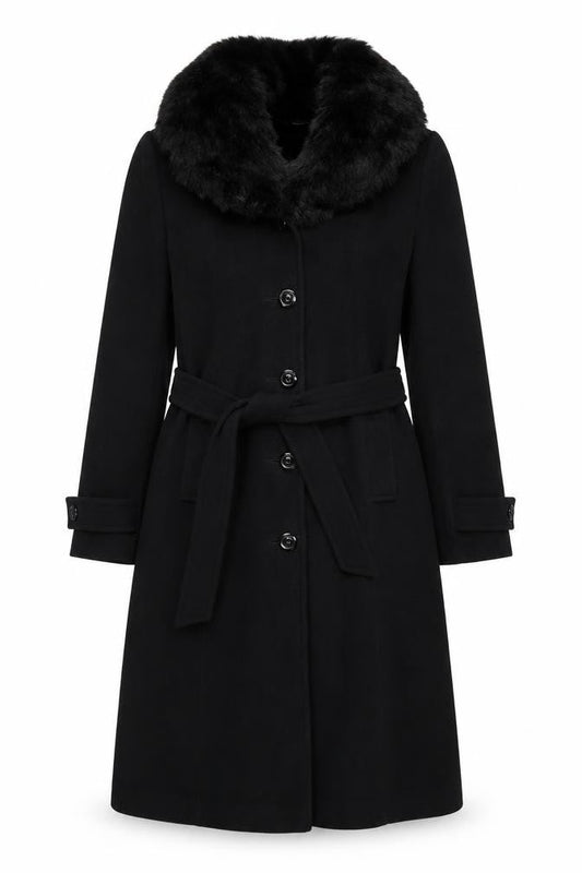 Debenhams Womens Black Wool Cashmere Long Belted Fur Collar Coat Size 10