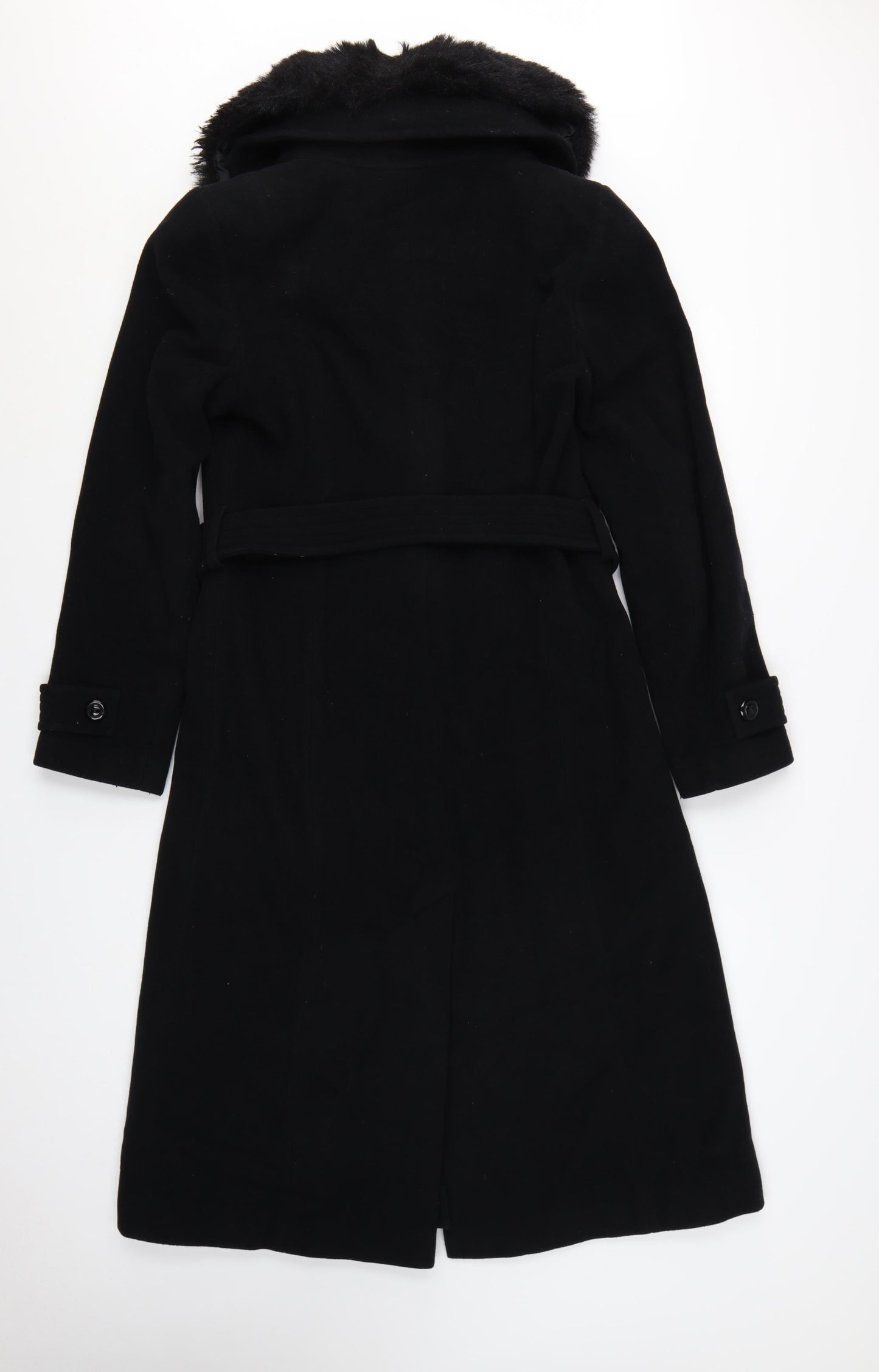Debenhams Womens Black Wool Cashmere Long Belted Fur Collar Coat Size 10