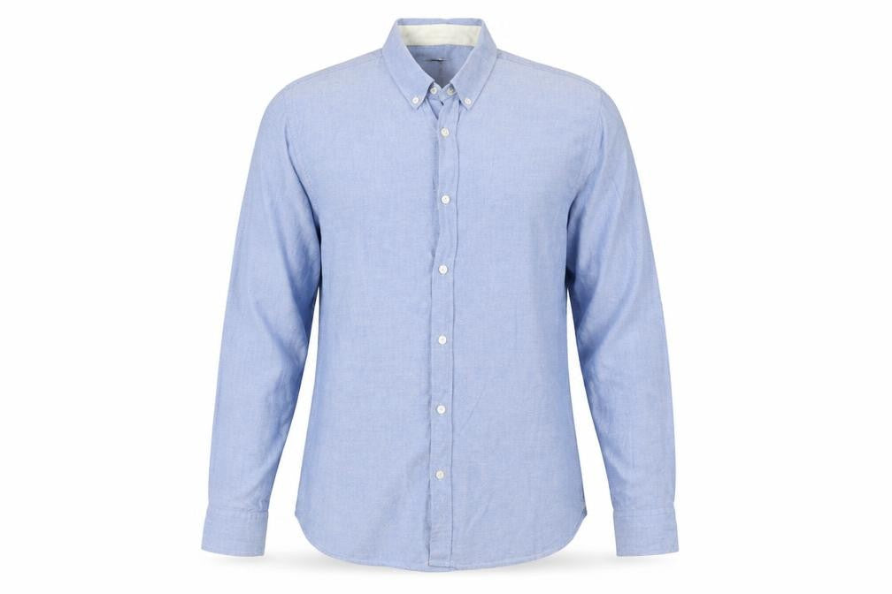 Front view of Jaeger Men Blue Cotton Button-Down Long Sleeve Casual Shirt L