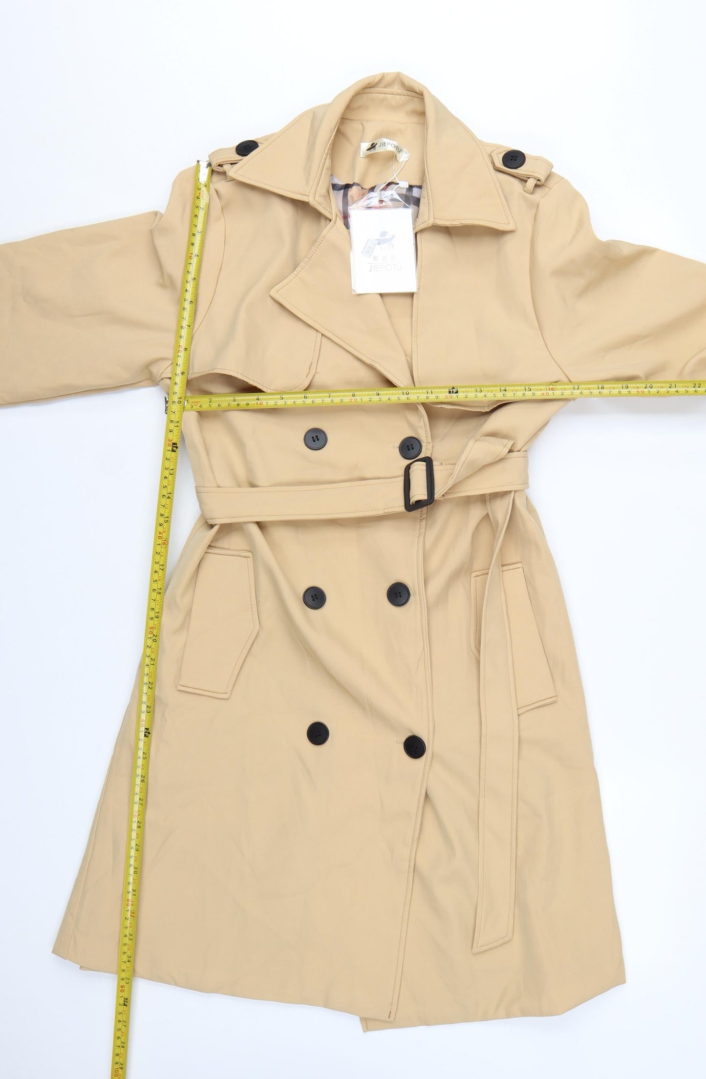 JIEPOTU Women's Beige Trench Coat Long Belted Double-Breasted XL