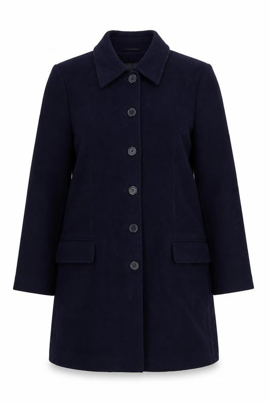 Harvé Benard Women's Navy Wool Button Coat Size 12 Classic Mid-Length