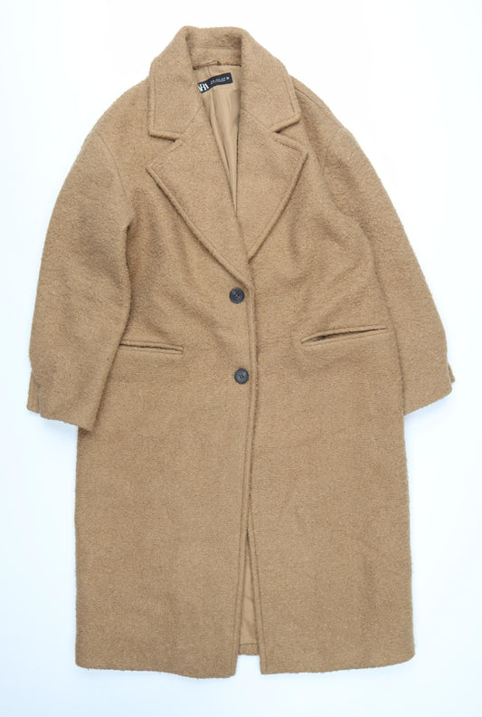 Zara Women Beige Long Wool Blend Single-Breasted Coat Size M