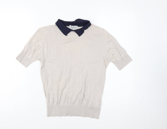 John Smedley Women's Beige Collared Short Sleeve Cotton Jumper M