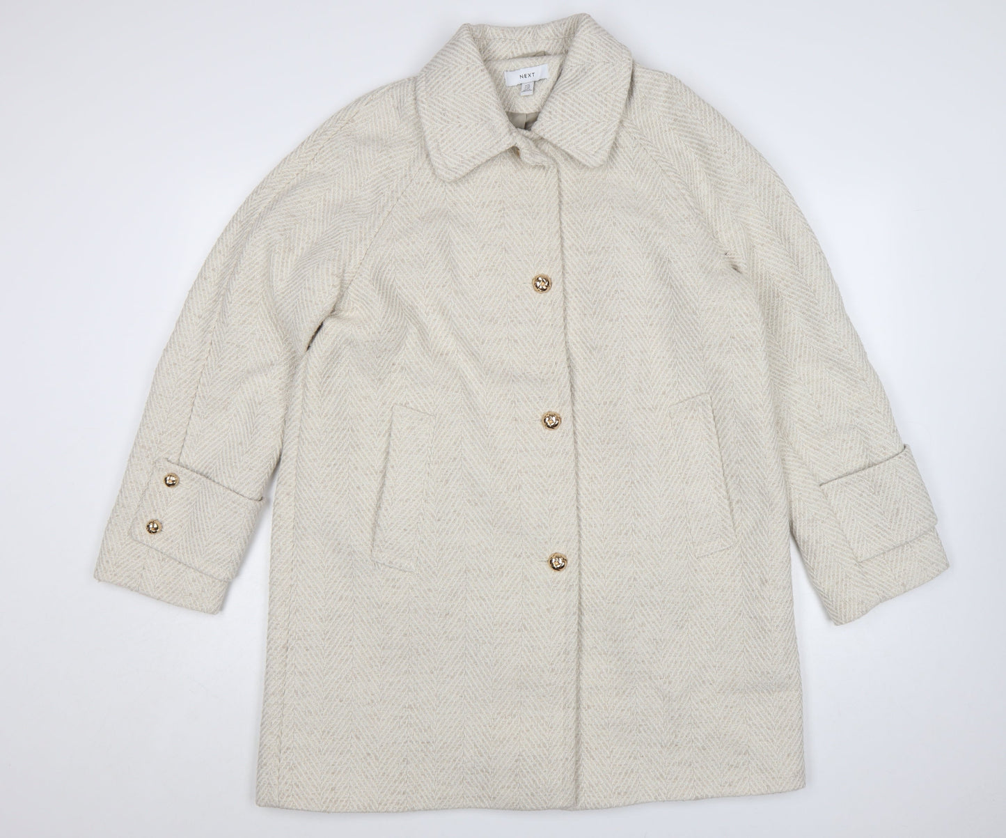 Next Women’s Beige Herringbone Wool Blend Mid-Length Coat Size 14