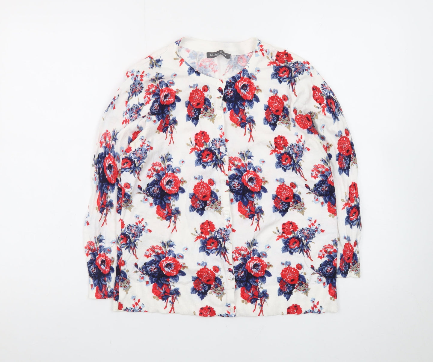 Laura Ashley Women’s Floral Cardigan White Red Blue UK 10 Cotton Blend