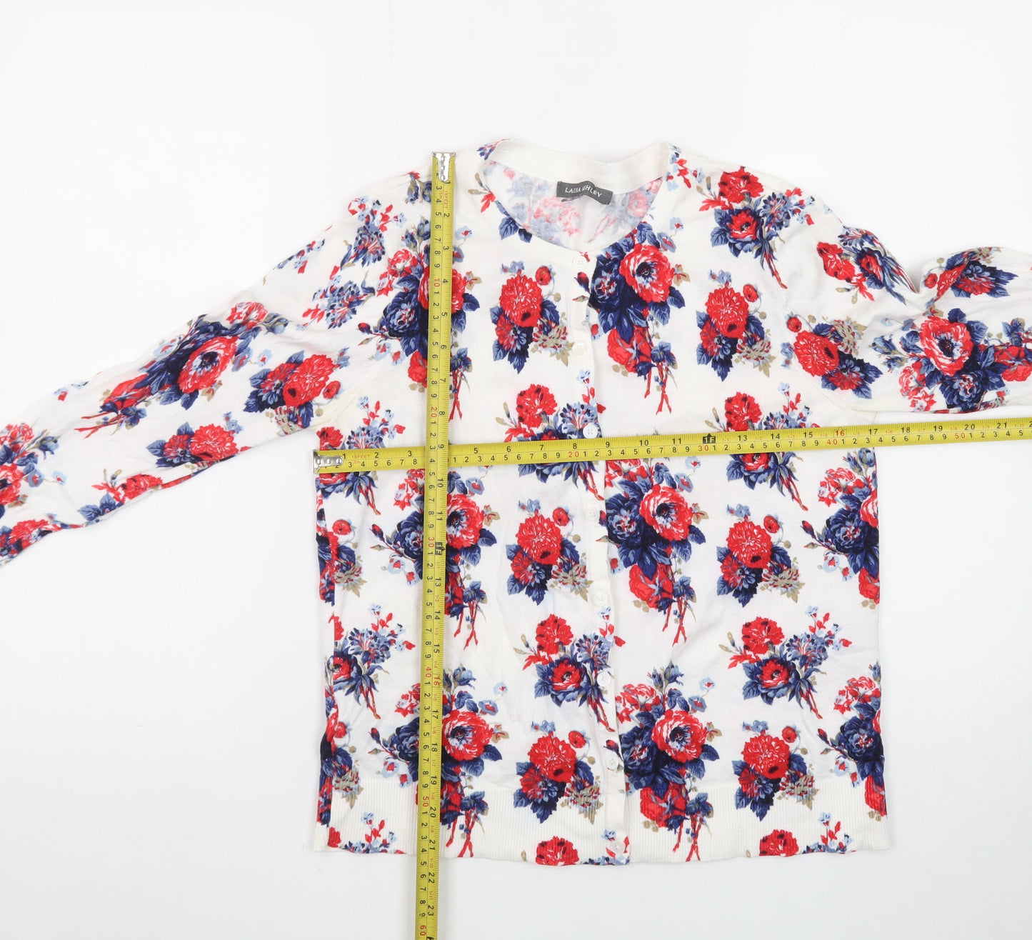 Laura Ashley Women’s Floral Cardigan White Red Blue UK 10 Cotton Blend