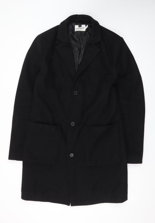 Topman Men's Black Wool Blend Mid-Length Overcoat Size S
