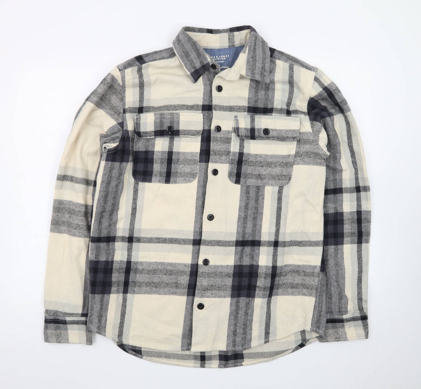 Jack & Jones Men's Beige Checked Twill Button-Up Shirt Size L