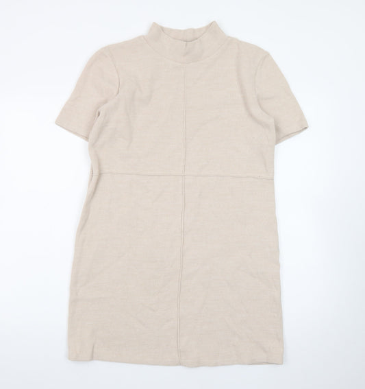 Zara Women Beige Mock Neck Short Sleeve Knit Shift Dress Size 12