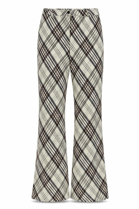 Topshop Womens Beige Check Flared Trousers Size 8 Stretch Cotton