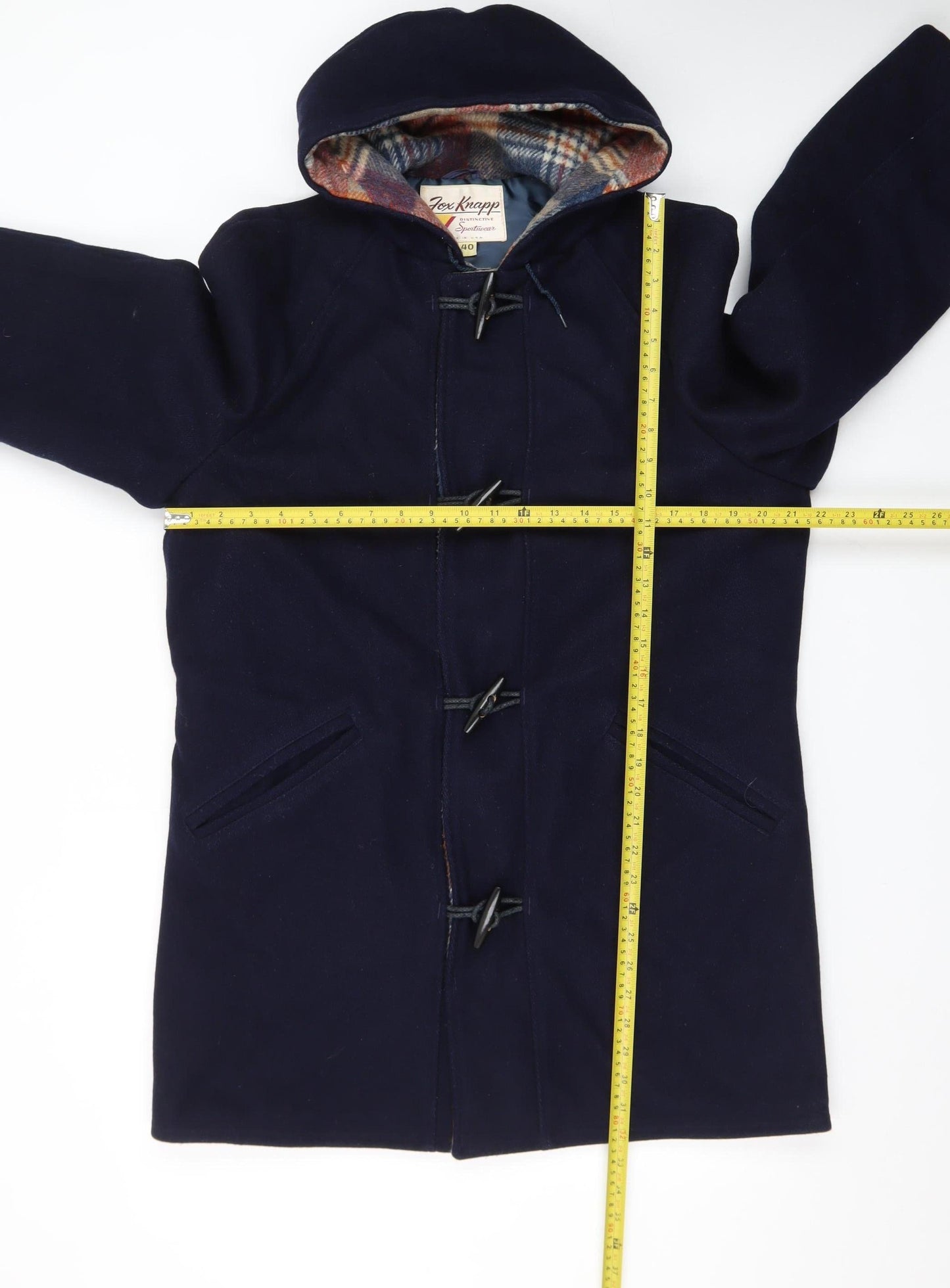 Fox Knapp Men's Blue Wool Duffle Coat Size 40 Hooded Mid-Length