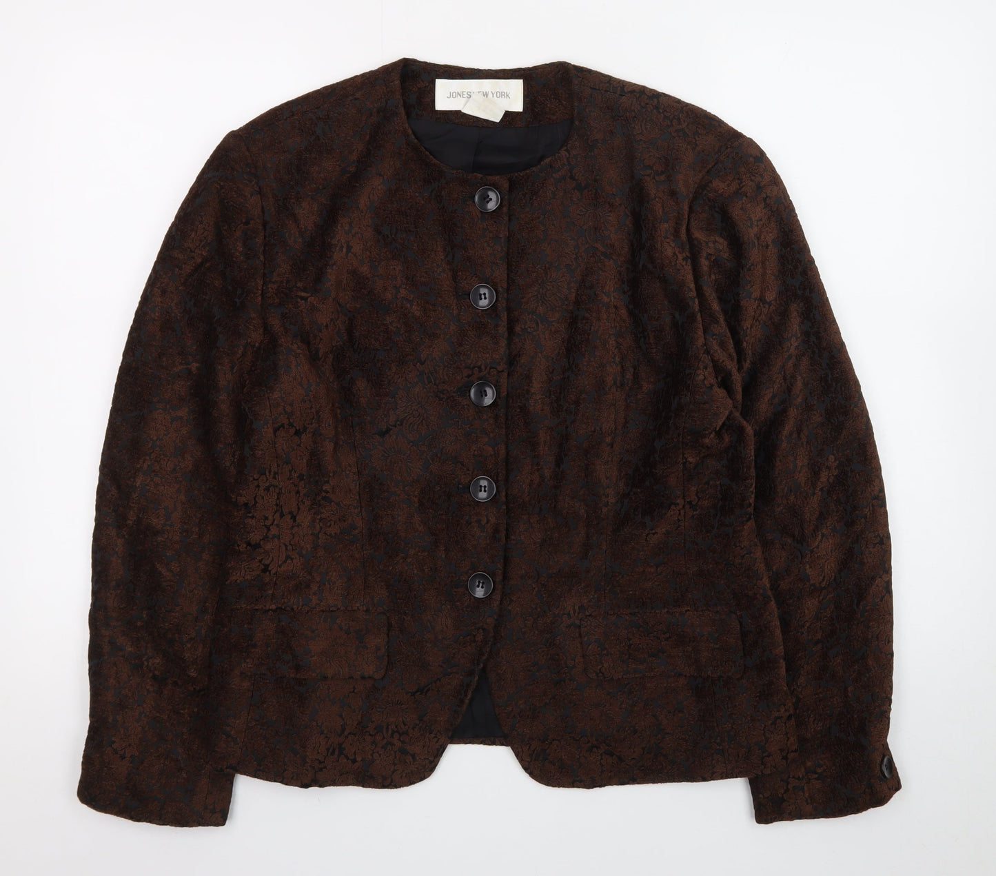 Jones New York Women Brown Floral Blazer Size M Lined Buttoned Jacket