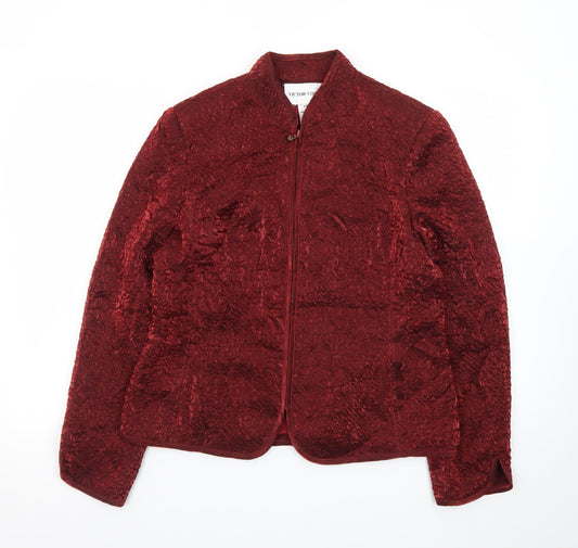 Victor Costa Women’s Red Textured Velvet Jacket Size 12 Classic Zip Front