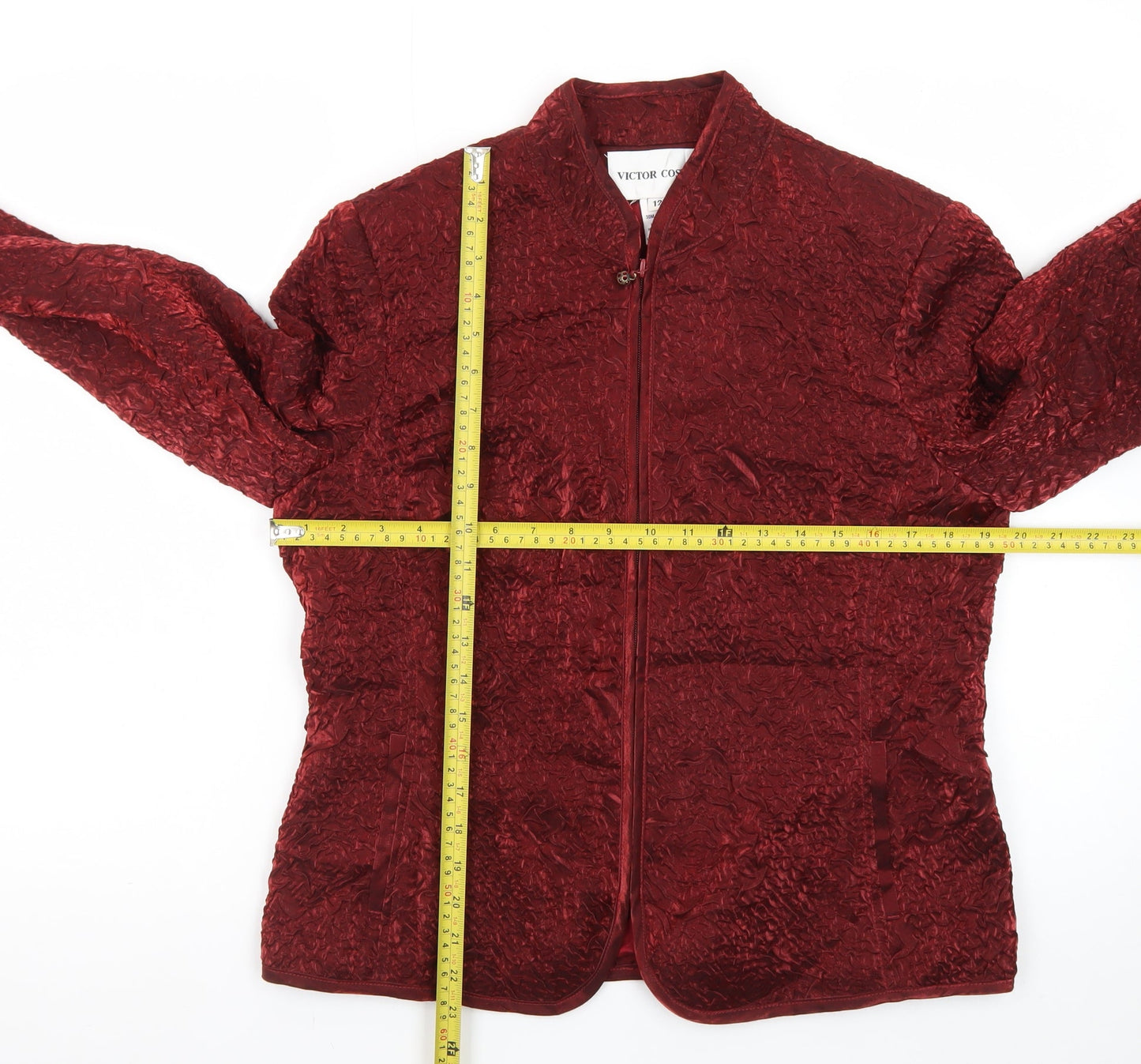 Victor Costa Women’s Red Textured Velvet Jacket Size 12 Classic Zip Front