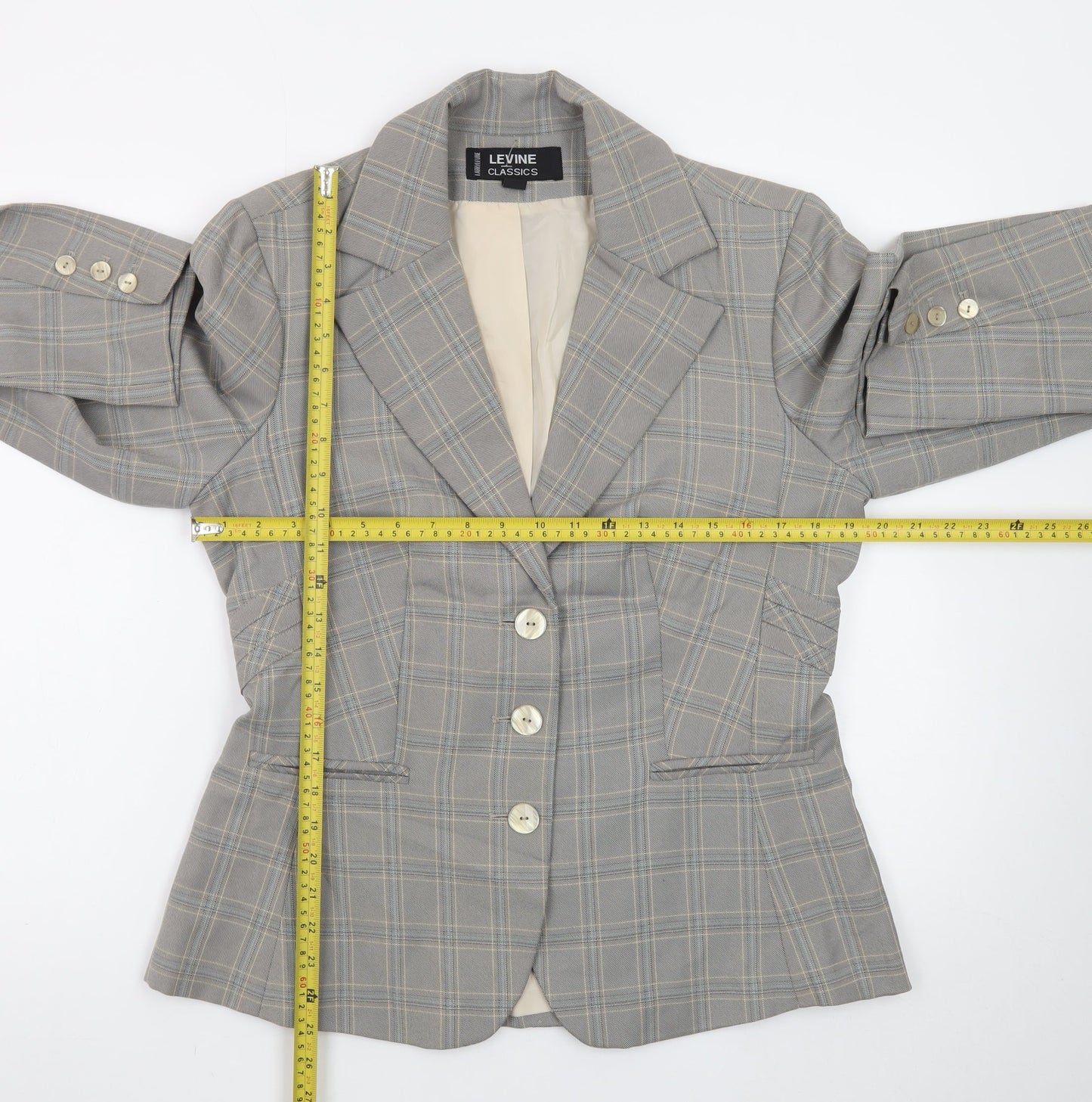 Larry Levine Classics Women's Grey Check Blazer Size 12 Single-Breasted Lined Jacket