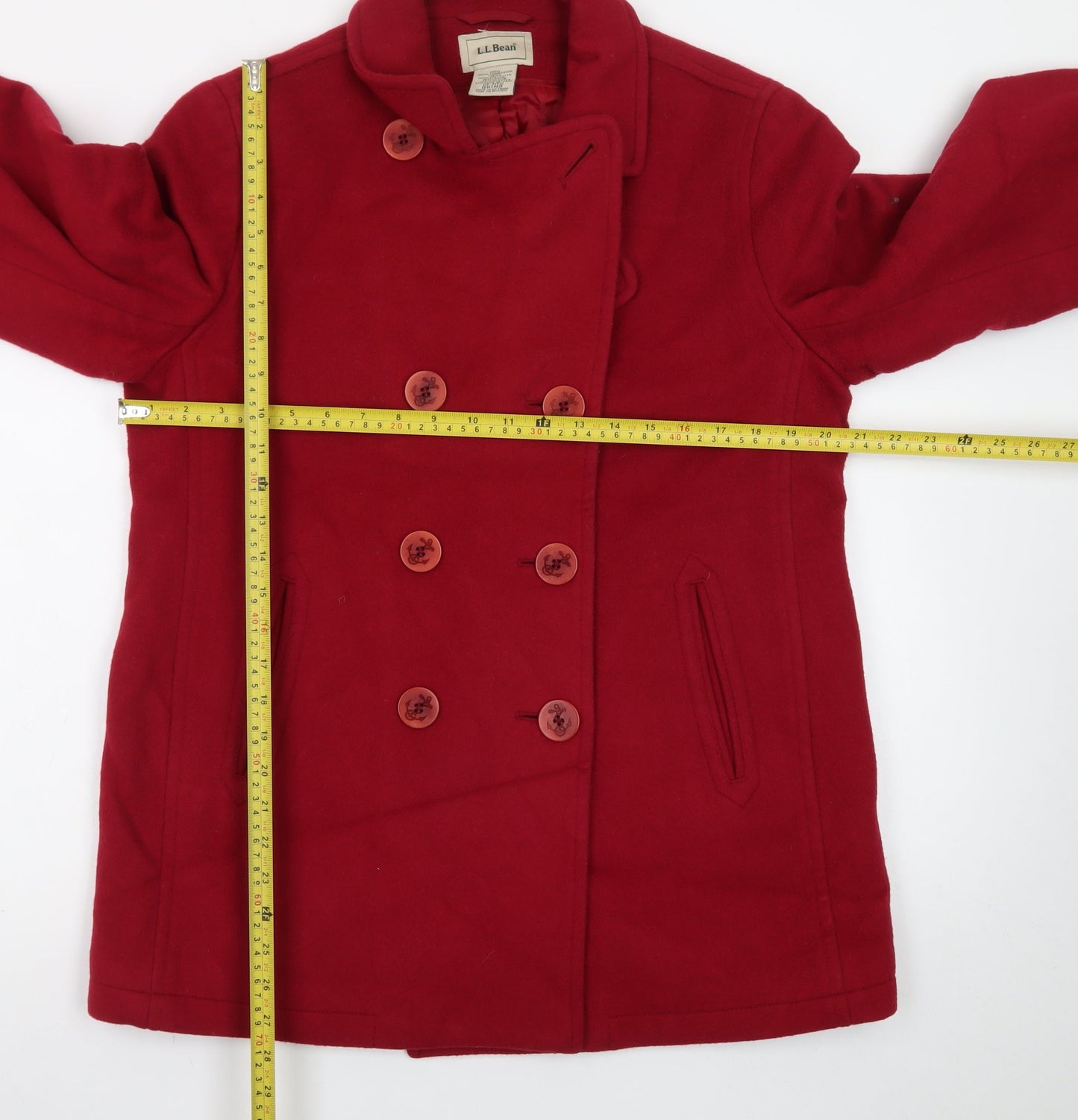 L.L.Bean Womens Red Wool Pea Coat Mid-Length Jacket Size M