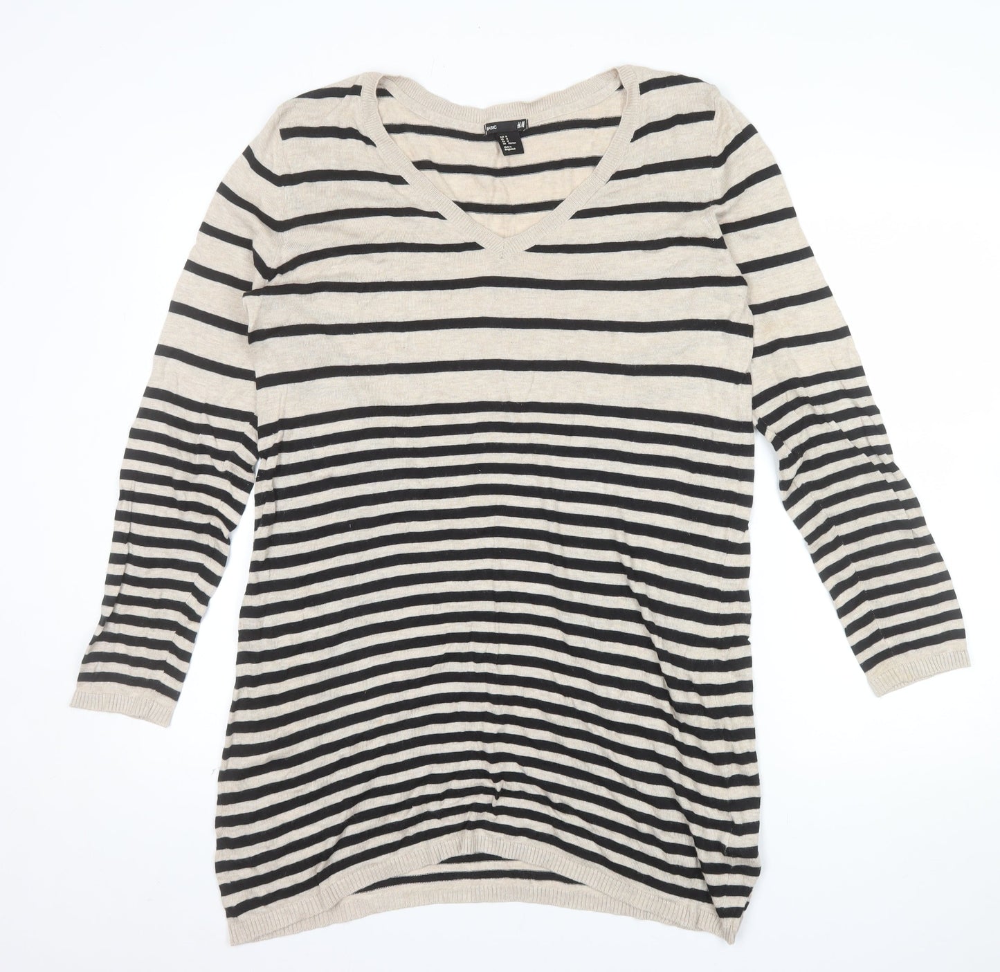 H&M Women’s Beige Striped V-Neck Long Sleeve Knit Jumper Size 12