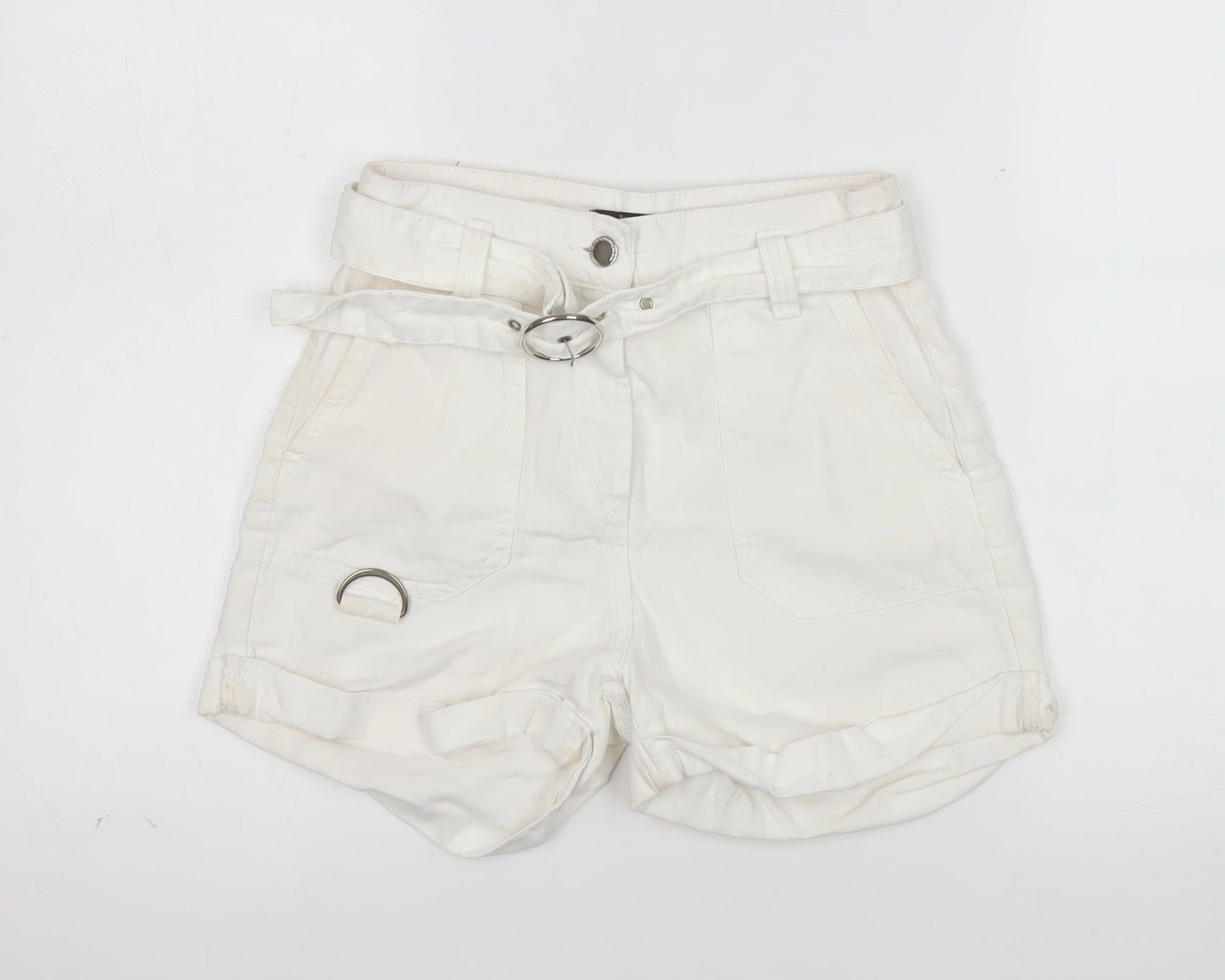 Bershka Womens Ivory Cotton Linen Paperbag Shorts Size 6