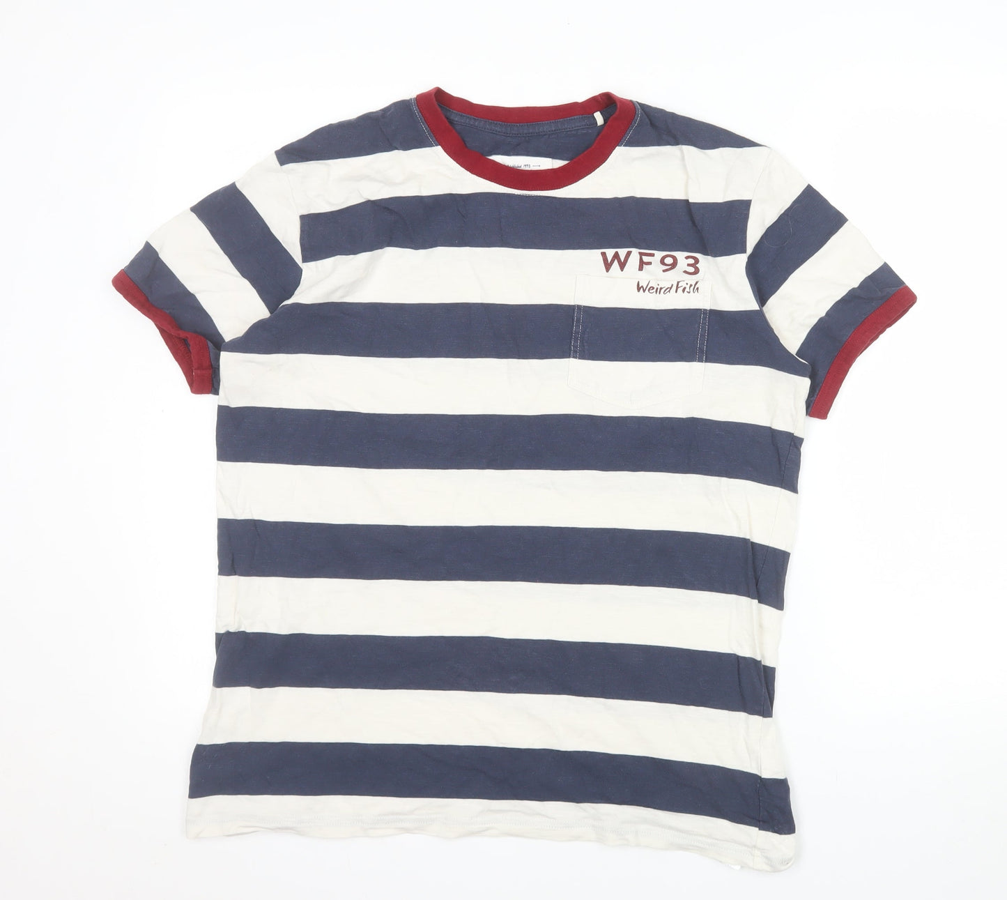 Weird Fish Men's Blue White Striped Cotton Crew Neck T-Shirt Size M