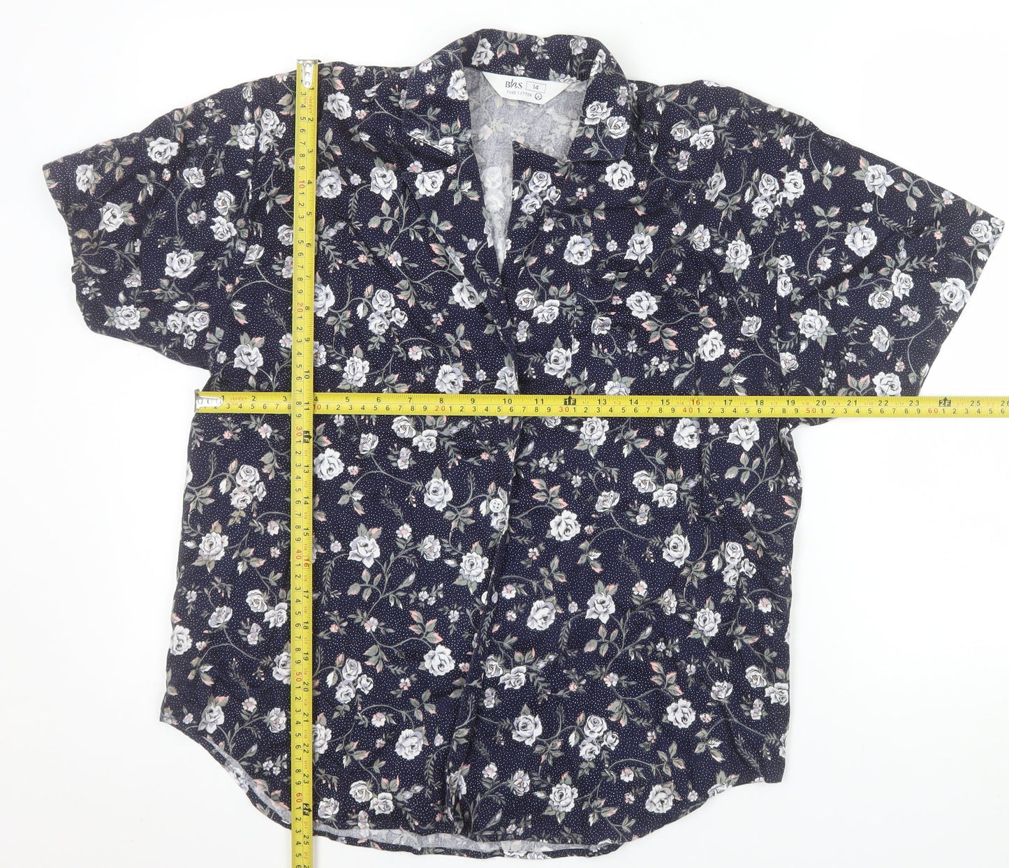 BHS Women’s Blue Floral 100% Cotton Short Sleeve Button-Up Shirt Size 14