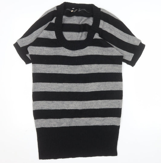 Topshop Women Black Grey Striped Knit Short Sleeve Pullover Jumper Size 12