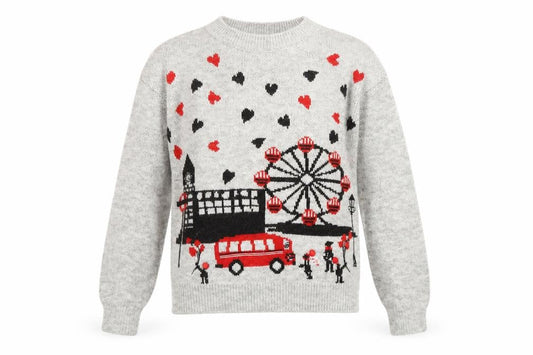 Tu Womens Grey City Print Knit Jumper Size 8 Crew Neck Pullover