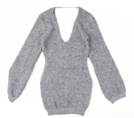 Pretty Little Thing Women's Grey V-Neck Chunky Knit Jumper Size S