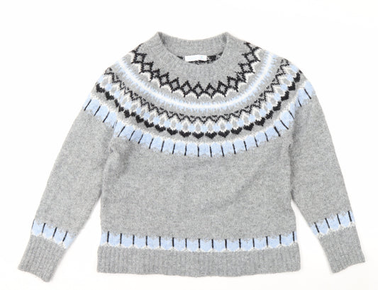 Primark Women Grey Fair Isle Crew Neck Chunky Knit Jumper M