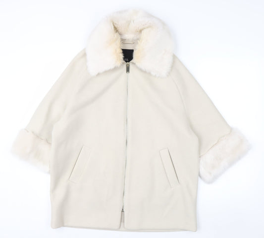 River Island Women Ivory Faux Fur Trim Mid-Length Coat Size 8