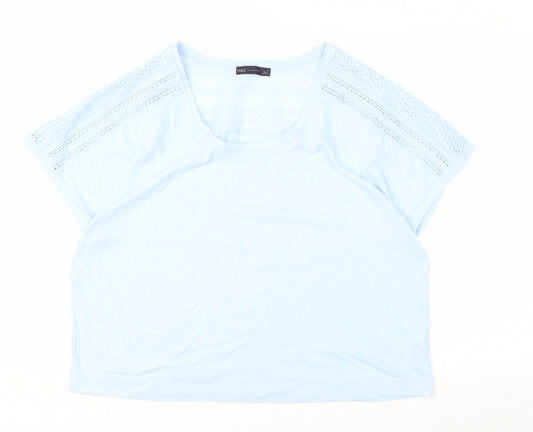 Marks and Spencer Women Blue Linen Blend Crochet Shoulder T-Shirt Size 16