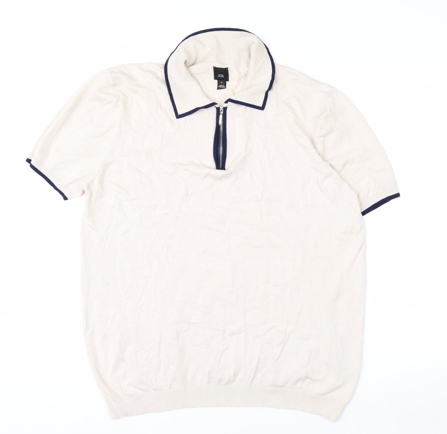 River Island Men's Beige Zip Neck Short Sleeve Polo Shirt XL