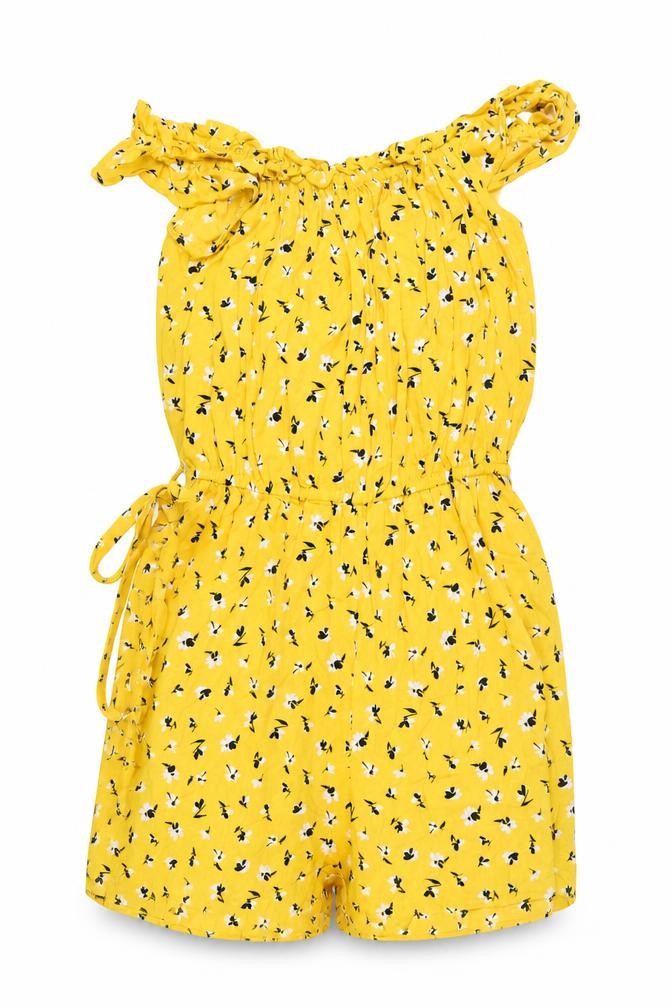 Front view of Miss Selfridge Women Yellow Floral Viscose Playsuit UK 10 Sleeveless Summer