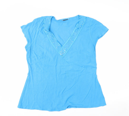 Evans Women Blue Sequin V-Neck Short Sleeve Viscose Tunic Top Size 16