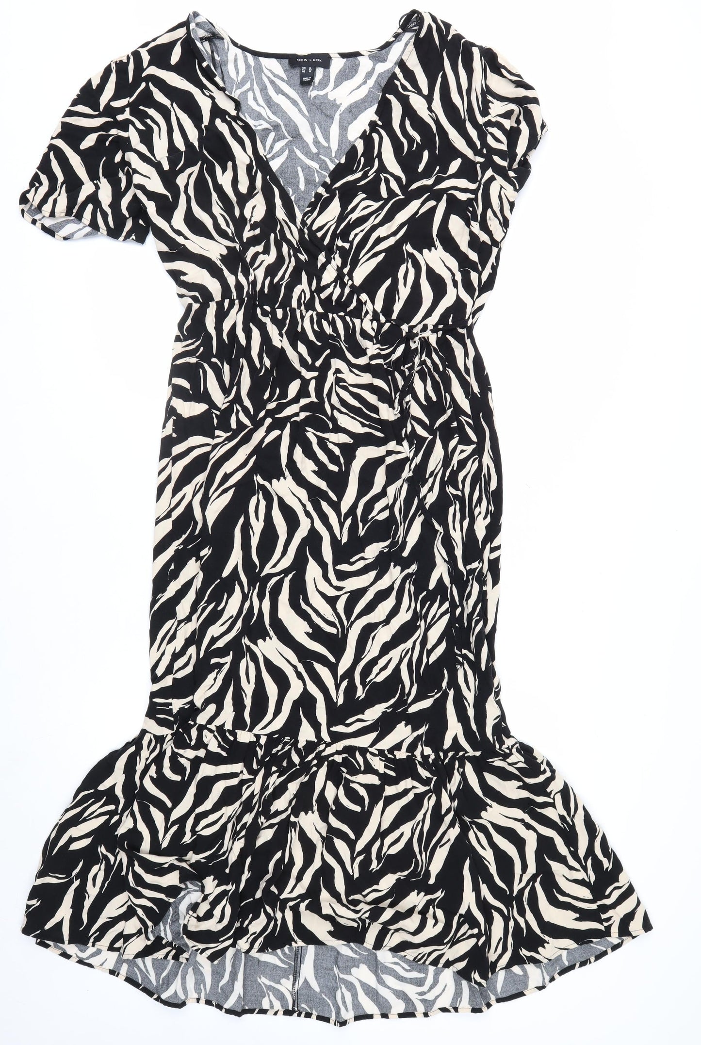 New Look Women’s Black Animal Print Midi Wrap Dress Size 14