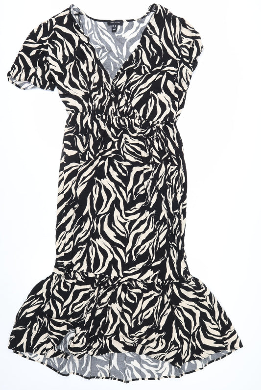 New Look Women’s Black Animal Print Midi Wrap Dress Size 14