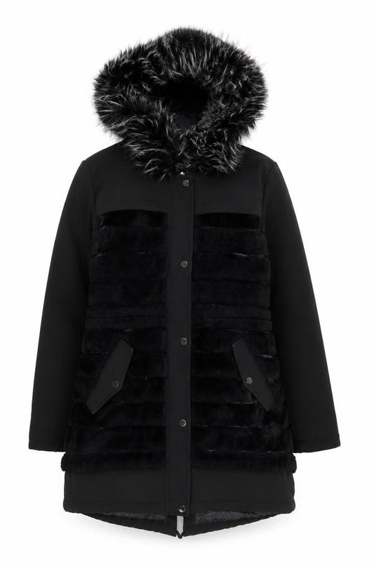 SPATIAL Women's Black Faux Fur Hooded Parka Coat Size 16