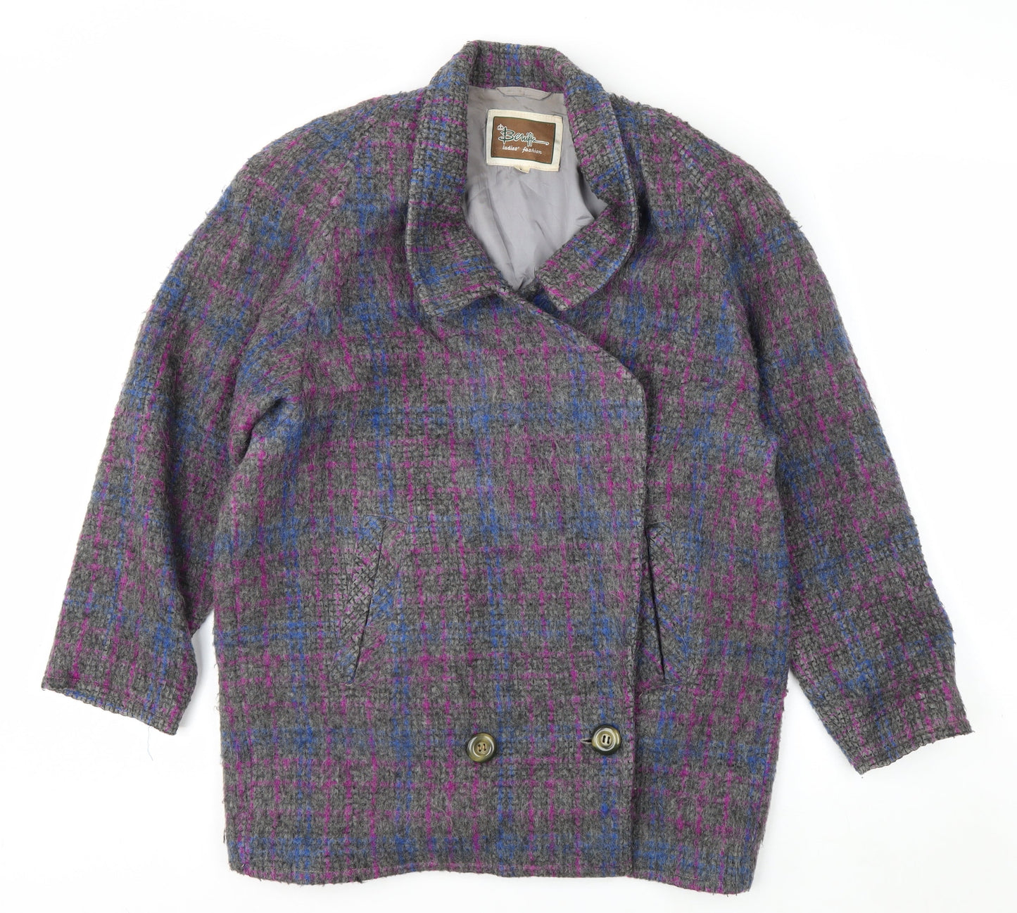Beniffa Women’s Multicoloured Wool Blend Checked Pea Coat L