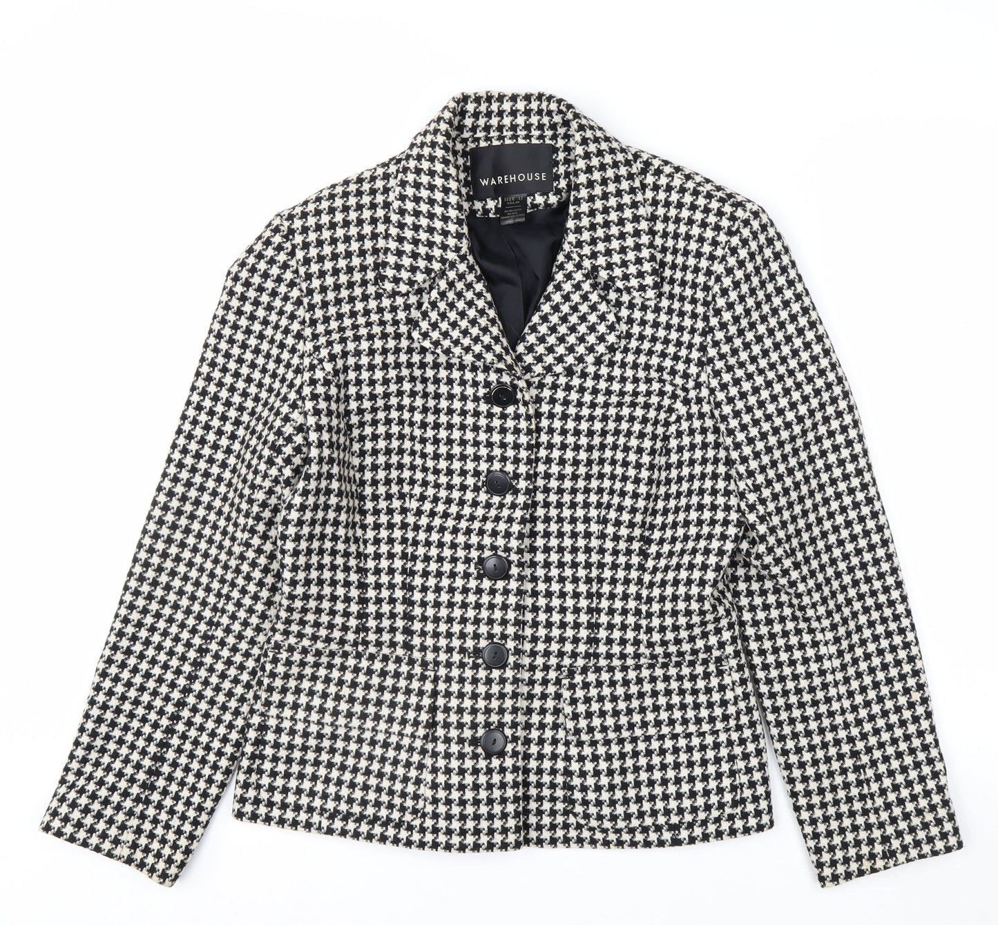 Warehouse Women's Black Houndstooth Wool Blend Suit Jacket Size 12