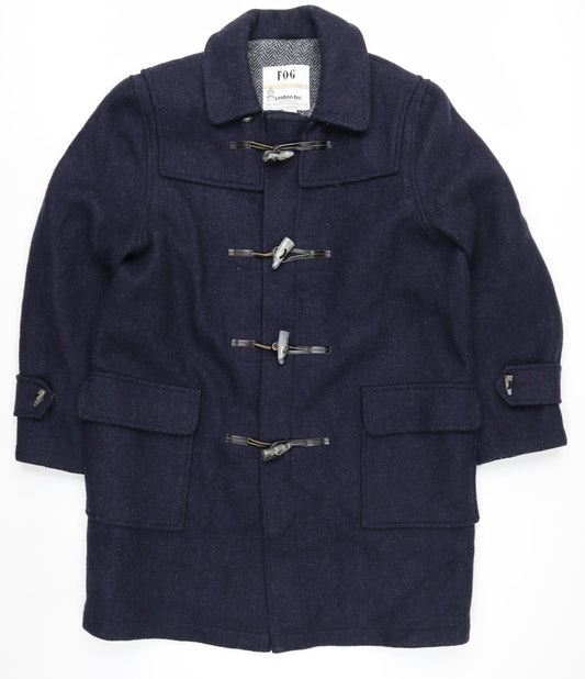 London Fog Men’s Blue Wool Duffle Coat 42R Hooded Classic Mid-Length