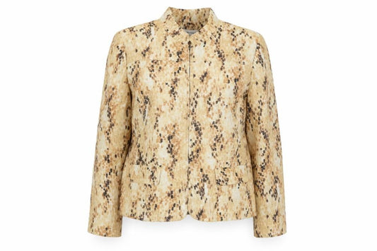 Alfred Dunner Womens Beige Metallic Geometric Petite Zip Jacket Size 12