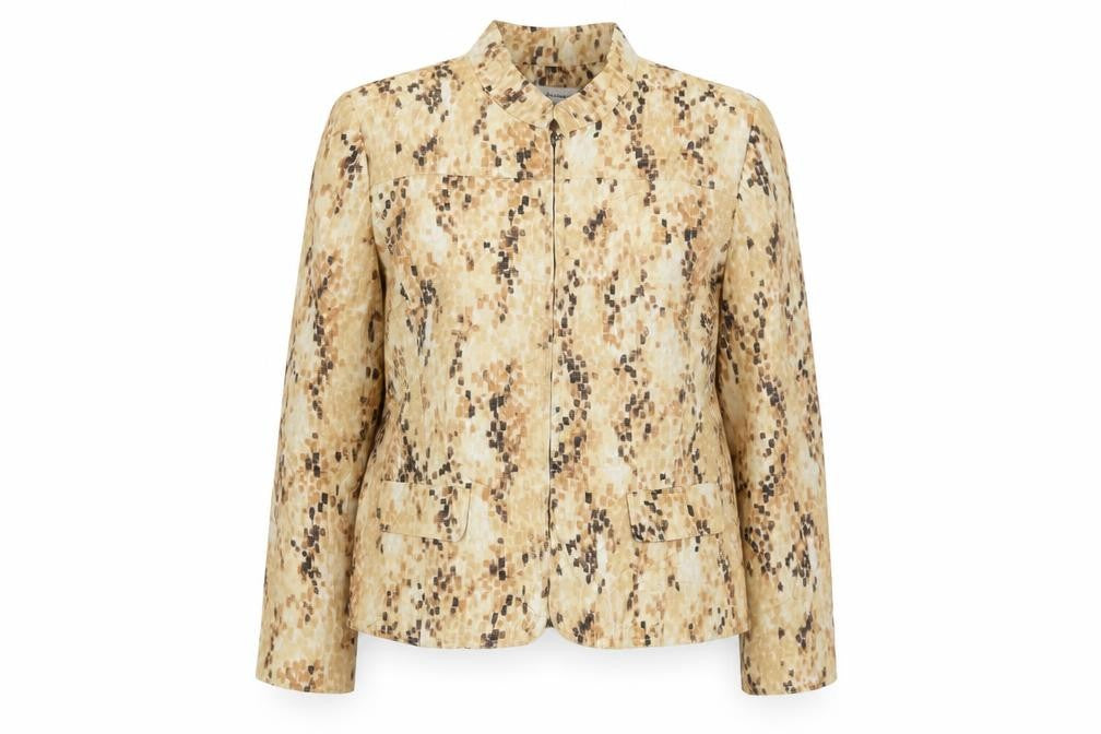 Alfred Dunner Womens Beige Metallic Geometric Petite Zip Jacket Size 12