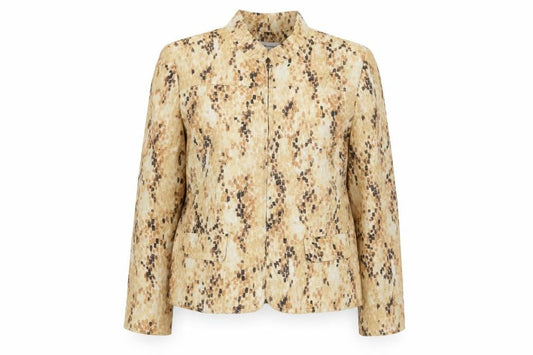 Alfred Dunner Womens Beige Metallic Geometric Petite Zip Jacket Size 12