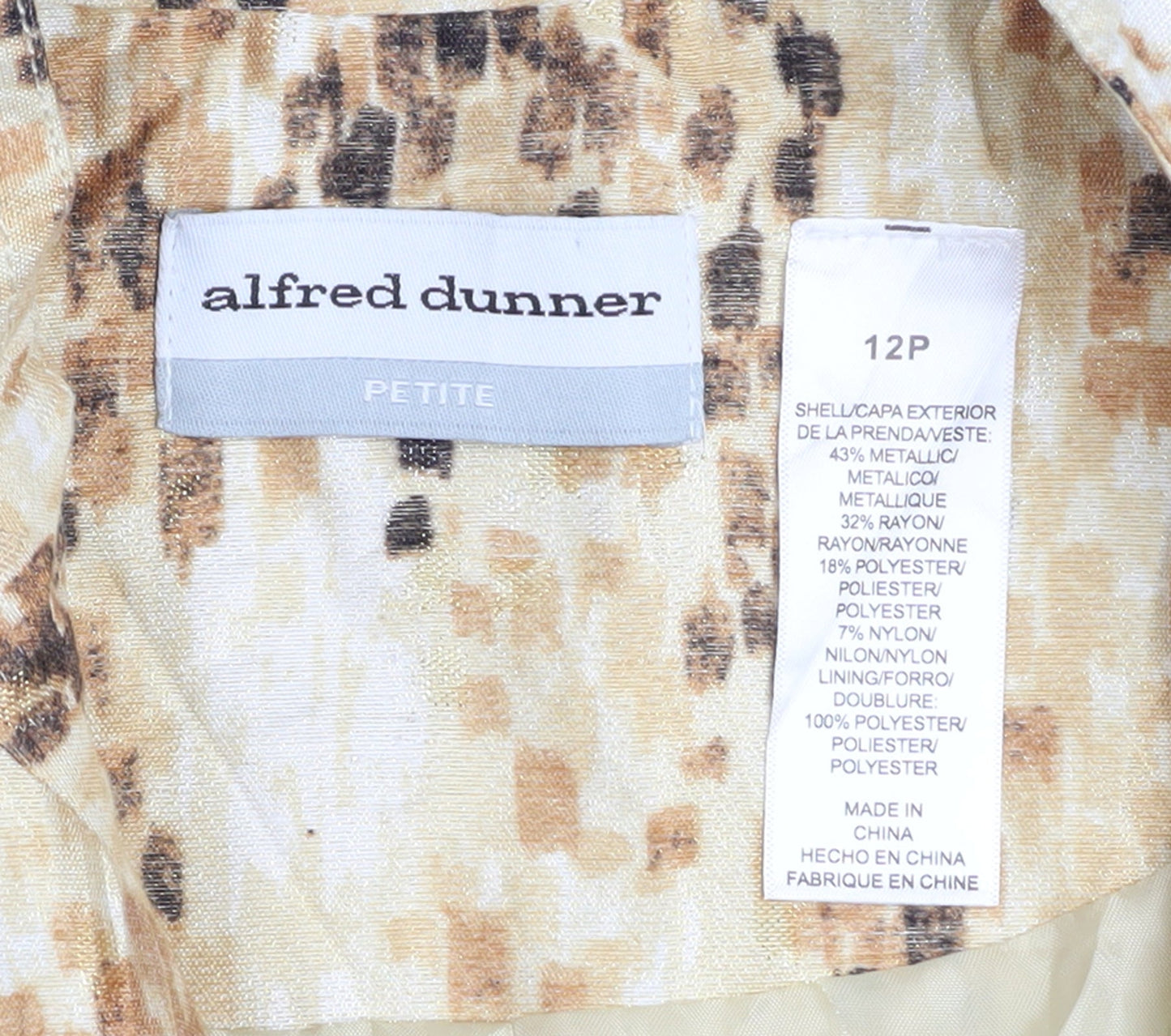 Alfred Dunner Womens Beige Metallic Geometric Petite Zip Jacket Size 12