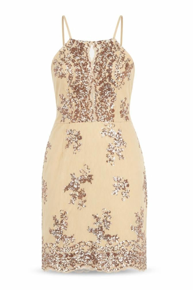 Front view of In The Style Women's Beige Sequin Halter Bodycon Dress, size 12