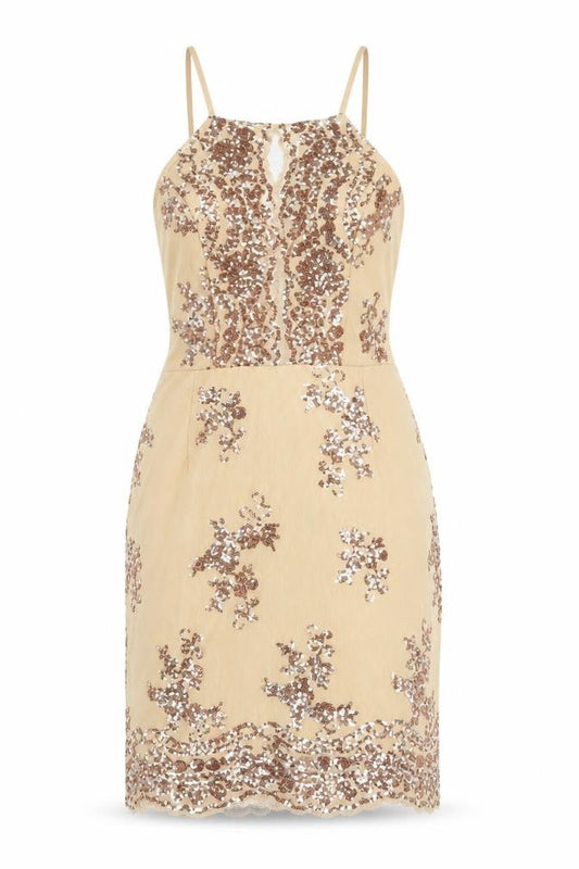 In The Style Women's Beige Sequin Halter Bodycon Dress Size 12